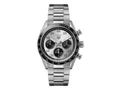 TAG Heuer Carrera Chronograph Sport Automatik Edelstahl 42mm silbernes Zifferblatt Metallband – Herrenuhren Chronograph aus Edelstahl und Keramik. Das Gehäuse ist rund und silber. Das Edelstahlarmband ist silber. Das Zifferblatt ist arabisch Index und silber.