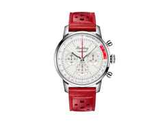 Breitling Top Time B01 Ford Thunderbird Automatik Edelstahl 41mm weißes Zifferblatt rotes Lederband – Herrenuhren Chronograph aus Edelstahl. Das Gehäuse ist rund und silber. Das Lederarmband ist rot. Das Zifferblatt ist ein Index in weiß.