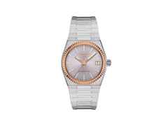 Tissot PRX Automatik Edelstahl 35mm graues Zifferblatt Metallband – Damenuhren Uhr mit Datum aus 750 Rotgold und Edelstahl. Das Gehäuse ist rund und silber. Das Edelstahlarmband ist silber. Das Zifferblatt ist ein Index in grau.