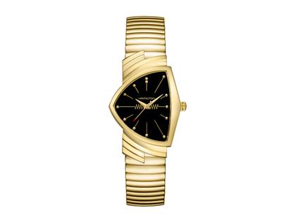 Hamilton Ventura Quartz Edelstahl PVD-Gelbgold 32x50mm schwarzes Zifferblatt Metallband – Damenuhren Uhr ohne Datum aus Edelstahl und PVD beschichtet. Das Gehäuse ist sonstige Form und gelbgold. Das Edelstahlarmband ist gelbgold. Das Zifferblatt ist ein Index in schwarz.