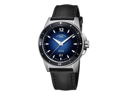 Mühle Glashütte Sportivo  Großdatum Automatik Edelstahl 42mm blaues Zifferblatt schwarzes Lederband – Herrenuhren Uhr mit Datum aus Edelstahl und Leder. Das Gehäuse ist rund und silber. Das Lederarmband ist schwarz. Das Zifferblatt ist ein Index in blau.
