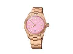 Oris Divers Sixty-Five Cotton Candy Automatik Bronze 38mm pinkes Zifferblatt Metallband – Damenuhren Uhr mit Datum aus Bronze. Das Gehäuse ist rund und roségold. Das Metallarmband ist roségold. Das Zifferblatt ist ein Index in rosa.