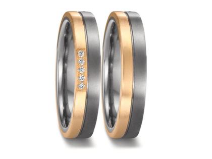 TeNo Partnerringe aus Tantal und Gelbgold 4,5mm gewölbt mit Brillanten 0,050ct – Ringe Trauring mit Besatz aus Tantal.