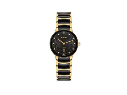 Rado Centrix Quarz Diamonds Edelstahl Gelbgold-PVD 30,5mm schwarzes Zifferblatt mit Brillanten Metallband – Damenuhren Uhr mit Datum aus Edelstahl, Keramik und PVD beschichtet. Das Gehäuse ist rund und schwarz. Das Keramikarmband ist mehrfarbig. Das Zifferblatt ist ein Index in schwarz.