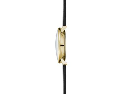 Sternglas Naos XS Quarz Edelstahl Gelbgold-PVD 33mm weißes Zifferblatt schwarzes Lederband – Damenuhren Uhr mit Datum aus Edelstahl und PVD beschichtet. Das Gehäuse ist rund und gelbgold. Das Lederarmband ist schwarz. Das Zifferblatt ist ein Index in weiß. – Ansicht 3