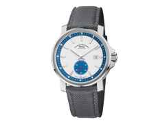 Mühle Glashütte 29er Big Kleine Sekunde Automatik Edelstahl 42,4mm weißes Zifferblatt graues Textilband – Herrenuhren Uhr mit Datum aus Edelstahl. Das Gehäuse ist rund und silber. Das Textilarmband ist grau. Das Zifferblatt ist ein Index in weiß.