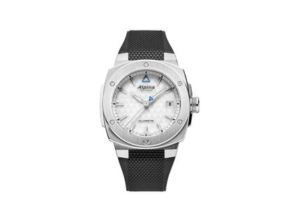 Herrenuhren Uhr mit Datum aus Edelstahl und Kautschuk. Das Gehäuse ist rund und silber. Das Kautschuk / Kunststoff / Silikon Armband ist schwarz. Das Zifferblatt ist ein Index in weiß.