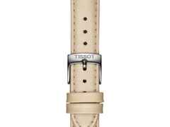 Tissot PR 100 Quarz Edelstahl 34mm weißes Perlmutt-Zifferblatt cremefarbenes Lederband – Damenuhren Uhr mit Datum aus Edelstahl und Leder. Das Gehäuse ist rund und silber. Das Lederarmband ist beige. Das Zifferblatt ist ein Index in weiß. – Ansicht 4