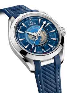 Omega Seamaster Aqua Terra 150M Automatik Edelstahl 43mm blaues Zifferblatt Kautschukband – Herrenuhren Uhr mit Datum aus Edelstahl. Das Gehäuse ist rund und silber. Das Kautschuk / Kunststoff / Silikon Armband ist blau. Das Zifferblatt ist ein Index in blau. – Ansicht 3