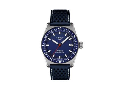 Herrenuhren Uhr mit Datum aus Edelstahl und Leder. Das Gehäuse ist rund und silber. Das Lederarmband ist blau. Das Zifferblatt ist ein Index in blau.