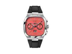 Glashütte Original Seventies Chronograph Panoramadatum Watermelon Automatik Edelstahl 40mm rotes Zifferblatt schwarzes Kautschukband limitiert – Herrenuhren Chronograph aus 585 Weißgold, Edelstahl und Kautschuk. Das Gehäuse ist quadratisch und silber. Das Kautschuk / Kunststoff / Silikon Armband ist silber. Das Zifferblatt ist ein Index in rot.