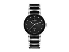 Rado Centrix Diamonds Automatik Edelstahl 39,5mm schwarzes Zifferblatt mit Brillanten Metallband – Herrenuhren Uhr mit Datum aus Edelstahl und Keramik. Das Gehäuse ist rund und silber. Das Keramikarmband ist schwarz. Das Zifferblatt ist ein Index in schwarz.