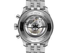 Breitling Super AVI B04 Chronograph GMT 46 Tribute to Vought F4U Corsair Automatik Edelstahl blaues Zifferblatt Metallband – Herrenuhren Chronograph aus Edelstahl. Das Gehäuse ist rund und silber. Das Edelstahlarmband ist silber. Das Zifferblatt ist arabisch und blau. – Ansicht 4
