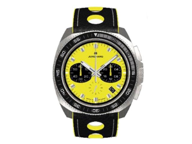 Junghans 1972 Chronoscope FIS Edition Lemon 2023 Quarz Edelstahl 43mm gelbes Zifferblatt gelbes Lederband – Herrenuhren Chronograph aus Edelstahl. Das Gehäuse ist rund und silber. Das Lederarmband ist gelb. Das Zifferblatt ist ein Index in gelb. – Ansicht 2