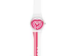 Swatch GW214 BEATPINK Valentinstag Edition – Damenuhren Uhr ohne Datum aus Kunststoff. Das Gehäuse ist rund und weiß. Das Kautschuk / Kunststoff / Silikon Armband ist weiß. Das Zifferblatt ist ohne Zeichen und weiß.