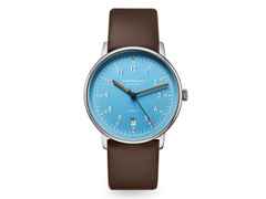 Sternglas Lumatik Automatik Edelstahl 38mm hellblaues Zifferblatt braunes Lederband – Herrenuhren Uhr mit Datum aus Edelstahl und Leder. Das Gehäuse ist rund und silber. Das Lederarmband ist braun. Das Zifferblatt ist arabisch Index und blau.