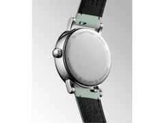 Longines Elegant Collection Quarz Edelstahl 30mm weißes Zifferblatt grünes Lederband – Damenuhren Uhr mit Datum aus Edelstahl und Leder. Das Gehäuse ist rund und silber. Das Lederarmband ist grün. Das Zifferblatt ist römisch und weiß. – Ansicht 3