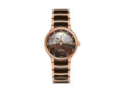 Rado Centrix Diamonds Automatik Open Heart Edelstahl Roségold-PVD 35mm braunes Zifferblatt mit Brillanten Metallband – Damenuhren Uhr ohne Datum aus Edelstahl, Keramik und PVD beschichtet. Das Gehäuse ist rund und roségold. Das Keramikarmband ist braun. Das Zifferblatt ist ein Index in braun.