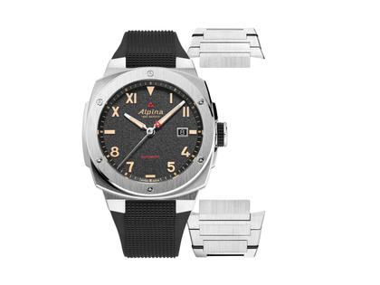 Alpina Roller Aktions-Set: Alpiner Extreme Automatik Edelstahl 41mm schwarz Kautschukband mit zusätzlichem Metallband – Herrenuhren Uhr mit Datum aus Edelstahl und Kautschuk. Das Gehäuse ist rund und silber. Das Kautschuk / Kunststoff / Silikon Armband ist schwarz. Das Zifferblatt ist arabisch römisch und schwarz.