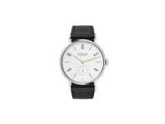 Nomos Glashütte Tangente 35 Glück Auf Handaufzug Edelstahl 35mm weißes Zifferblatt schwarzes Lederband Limited Edition – Herrenuhren Uhr ohne Datum aus Edelstahl und Leder. Das Gehäuse ist rund und silber. Das Lederarmband ist schwarz. Das Zifferblatt ist arabisch Index und silber.