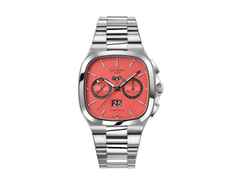 Glashütte Original Seventies Chronograph Panoramadatum Watermelon Automatik Edelstahl 40mm rotes Zifferblatt Metallband limitiert – Herrenuhren Chronograph aus 585 Weißgold und Edelstahl. Das Gehäuse ist quadratisch und silber. Das Edelstahlarmband ist silber. Das Zifferblatt ist ein Index in rot.