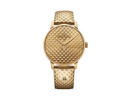 Maurice Lacroix Eliros Sunshine Edelstahl Gold-PVD 40mm goldfarbenes Zifferblatt goldfarbenes Lederband – Damenuhren Uhr ohne Datum aus Edelstahl und PVD beschichtet. Das Gehäuse ist rund und gelbgold. Das Lederarmband ist gelb. Das Zifferblatt ist ohne Zeichen und gelbgold.