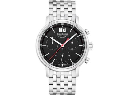 Bruno Söhnle Glashütte Marcato II Chronograph mit Großdatum Edelstahl schwarz Edelstahl – Herrenuhren Chronograph aus Edelstahl. Das Gehäuse ist rund und silber. Das Edelstahlarmband ist silber. Das Zifferblatt ist ein Index in schwarz.