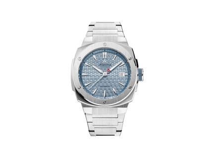 Herrenuhren Uhr mit Datum aus Edelstahl. Das Gehäuse ist rund und silber. Das Edelstahlarmband ist silber. Das Zifferblatt ist ein Index in blau.