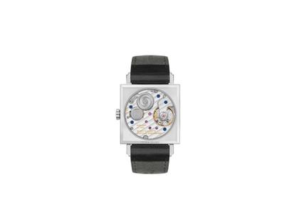 Nomos Glashütte Tetra 27 Duo Handaufzug Edelstahl 27mm weißes Zifferblatt schwarzes Lederband Glasboden – Damenuhren Uhr ohne Datum aus Edelstahl und Leder. Das Gehäuse ist quadratisch und silber. Das Lederarmband ist schwarz. Das Zifferblatt ist arabisch Index und weiß. – Ansicht 2