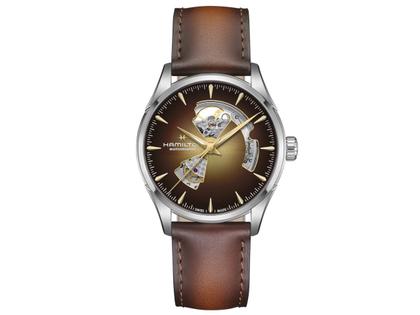 Hamilton Jazzmaster Open Heart Automatik Edelstahl 42mm braunes Zifferblatt braunes Lederband – Herrenuhren Uhr ohne Datum aus Edelstahl und Leder. Das Gehäuse ist rund und silber. Das Lederarmband ist braun. Das Zifferblatt ist ein Index in braun.