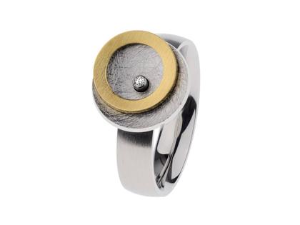 Ernstes Design R715 Ring Edelstahl poliert/kratzmatt teilweise gelbvergoldet mit Brillant – Ringe Ring mit Besatz aus Edelstahl und und vergoldet.