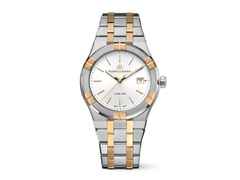Maurice Lacroix Aikon Quartz Edelstahl 40mm silbernes Zifferblatt zweifarbiges Metallband – Herrenuhren Uhr mit Datum aus Edelstahl und PVD beschichtet. Das Gehäuse ist rund und silber-gelbgold. Das Edelstahlarmband ist silber-roségold. Das Zifferblatt ist ein Index in silber.