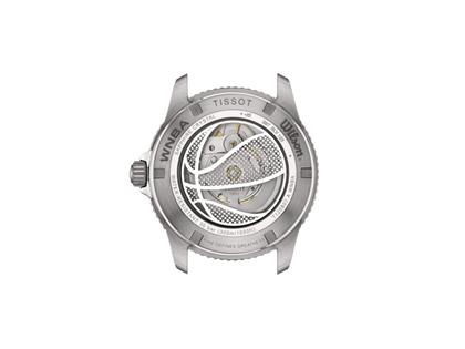 Tissot Seastar Wilson WNBA Automatik Edelstahl 40mm schwarzes Zifferblatt orangefarbenes Lederband – Herrenuhren Uhr mit Datum aus Edelstahl. Das Gehäuse ist rund und silber. Das Lederarmband ist orange. Das Zifferblatt ist ein Index in schwarz. – Ansicht 4
