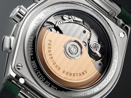 Frederique Constant Highlife Chronograph Automatic Edelstahl 41mm weiß-grünes Zifferblatt grünes Lederband limitiert – Herrenuhren Chronograph aus Edelstahl und Leder. Das Gehäuse ist rund und silber. Das Lederarmband ist grün. Das Zifferblatt ist ein Index in weiß. – Ansicht 5