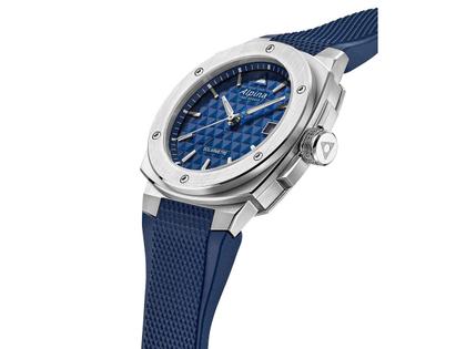 Alpina Alpiner Extreme Solarmetre Quarz Edelstahl 38mm blaues Zifferblatt blaues Kautschukband – Herrenuhren Uhr mit Datum aus Edelstahl und Kautschuk. Das Gehäuse ist rund und silber. Das Kautschuk / Kunststoff / Silikon Armband ist blau. Das Zifferblatt ist ein Index in blau. – Ansicht 2