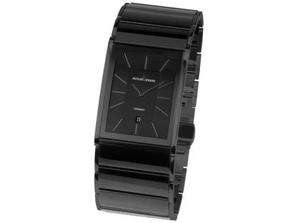Herrenuhren Uhr mit Datum aus Edelstahl, IP beschichtet und Keramik. Das Gehäuse ist rechteckig und schwarz. Das Edelstahlarmband ist schwarz. Das Zifferblatt ist ein Index in schwarz.