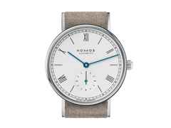 Nomos Glashütte Ludwig 33 Handaufzug Edelstahl weißes Zifferblatt braunes Lederband Glasboden – Damenuhren Uhr ohne Datum aus Edelstahl und Leder. Das Gehäuse ist rund und silber. Das Lederarmband ist beige. Das Zifferblatt ist römisch Index und weiß. – Ansicht 2