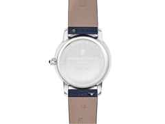 Frederique Constant Classics Slimline Ladies Moonphase Quarz Edelstahl 30mm weißes Zifferblatt blaues Lederband – Damenuhren Uhr ohne Datum aus Edelstahl und Leder. Das Gehäuse ist rund und silber. Das Lederarmband ist blau. Das Zifferblatt ist römisch und weiß. – Ansicht 3