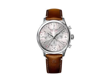 Maurice Lacroix 1975 S Chronograph Quarz Edelstahl 39mm silberfarbenes Zifferblatt braunes Lederband – Herrenuhren Chronograph aus Edelstahl und Leder. Das Gehäuse ist rund und silber. Das Lederarmband ist braun. Das Zifferblatt ist ein Index in schwarz.