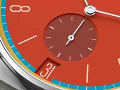 Nomos Glashütte Tangente 38 Datum "175 Years Watchmaking - Sportbunt" Handaufzug Edelstahl rotes Zifferblatt graues Textilband Glasboden – Herrenuhren Uhr mit Datum aus Edelstahl. Das Gehäuse ist rund und silber. Das Textilarmband ist grau. Das Zifferblatt ist arabisch Index und rot. – Ansicht 6