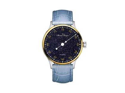 MeisterSinger Pangaea Aventurin Automatik Edelstahl 40mm blaues Zifferblatt blaues Lederband – Herrenuhren Uhr ohne Datum aus Edelstahl, Leder und PVD beschichtet. Das Gehäuse ist rund und silber. Das Lederarmband ist blau. Das Zifferblatt ist arabisch und blau.