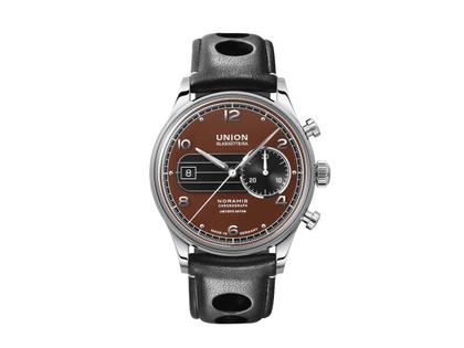 Union Glashütte Noramis Chronograph Sachsen Classic 2023 Limited Edition Automatik Edelstahl 42mm braunes Zifferblatt braunes Lederband – Herrenuhren Chronograph aus Edelstahl. Das Gehäuse ist rund und silber. Das Lederarmband ist braun. Das Zifferblatt ist arabisch Index und braun. – Ansicht 2
