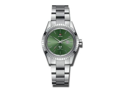 Herrenuhren Uhr mit Datum aus Edelstahl. Das Gehäuse ist rund und silber. Das Edelstahlarmband ist silber. Das Zifferblatt ist ein Index in grün.