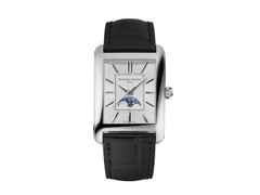 Frederique Constant Classics Carree Moonphase Automatik Edelstahl 42x30mm silbernes Zifferblatt schwarzes Lederband – Herrenuhren Uhr ohne Datum aus Edelstahl und Leder. Das Gehäuse ist rechteckig und silber. Das Lederarmband ist schwarz. Das Zifferblatt ist ein Index in silber.