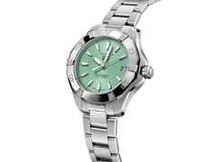 TAG Heuer Aquaracer Professional 200 Solargraph Quarz Edelstahl 34mm türkises Zifferblatt Metallband – Damenuhren Uhr mit Datum aus Edelstahl. Das Gehäuse ist rund und silber. Das Edelstahlarmband ist silber. Das Zifferblatt ist ein Index in türkis. – Ansicht 2