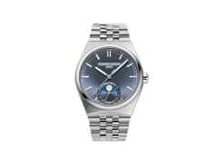 Frederique Constant Highlife Moonphase Date Manufacture Automatik Edelstahl 39mm blaues Zifferblatt Metallband und blaues Lederband – Herrenuhren Uhr mit Datum aus Edelstahl und Leder. Das Gehäuse ist rund und silber. Das Edelstahlarmband ist silber. Das Zifferblatt ist ein Index in blau.