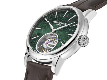 Frederique Constant Manufacture Classic Tourbillon Automatik Edelstahl 39mm grünes Zifferblatt braunes Lederband limitiert – Herrenuhren Uhr ohne Datum aus Edelstahl und Leder. Das Gehäuse ist rund und silber. Das Lederarmband Kroko / Alligator ist braun. Das Zifferblatt ist ein Index in grün. – Ansicht 2
