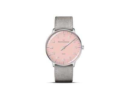 MeisterSinger Neo Special Automatik Edelstahl 36mm rosafarbenes Zifferblatt graues Lederband – Damenuhren Uhr ohne Datum aus Edelstahl und Leder. Das Gehäuse ist rund und silber. Das Lederarmband ist grau. Das Zifferblatt ist arabisch und rosa.
