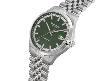 Bruno Söhnle Glashütte Turin Automatik Edelstahl 39,5mm dunkelgrünes Zifferblatt Metallband – Herrenuhren Uhr mit Datum aus Edelstahl. Das Gehäuse ist rund und silber. Das Edelstahlarmband ist silber. Das Zifferblatt ist ein Index in grün. – Ansicht 2