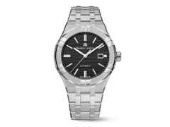 Maurice Lacroix Aikon Automatik Edelstahl 42mm schwarzes Zifferblatt Metallband – Herrenuhren Uhr mit Datum aus Edelstahl. Das Gehäuse ist rund und silber. Das Edelstahlarmband ist silber. Das Zifferblatt ist ein Index in schwarz.